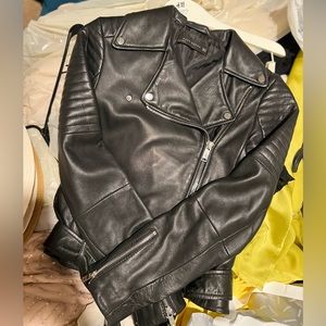 Zara Black Leather Belted Biker Jacket - Sz Xs - image 1